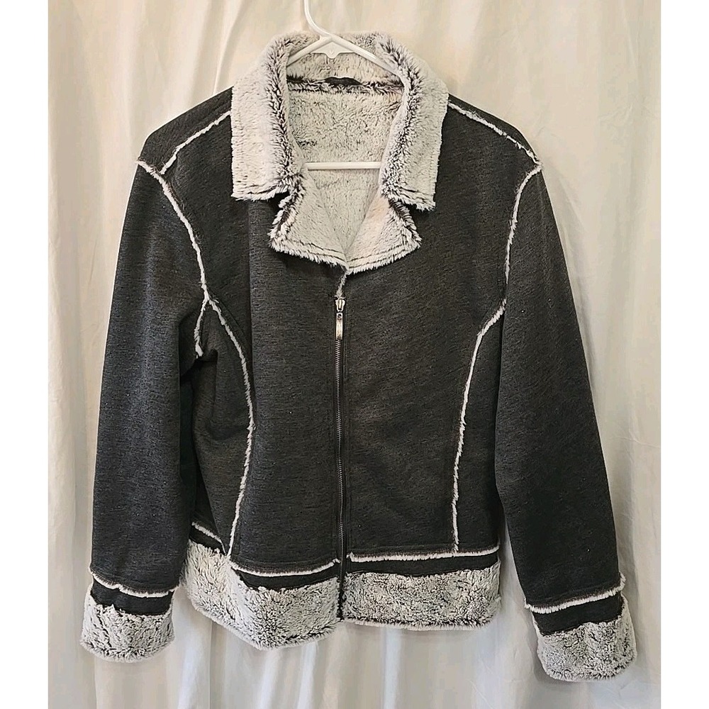 Montanaco Faux Fur Lined Trim Full-zip Jacket Gray Women's Size XL Pockets Soft!